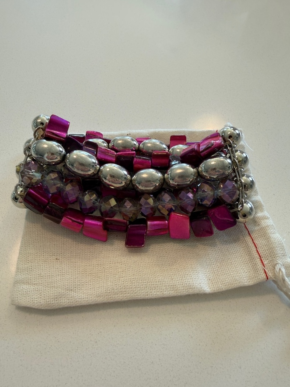 Multi-Row Pink Bead and Silver Accent Women's Bracelet